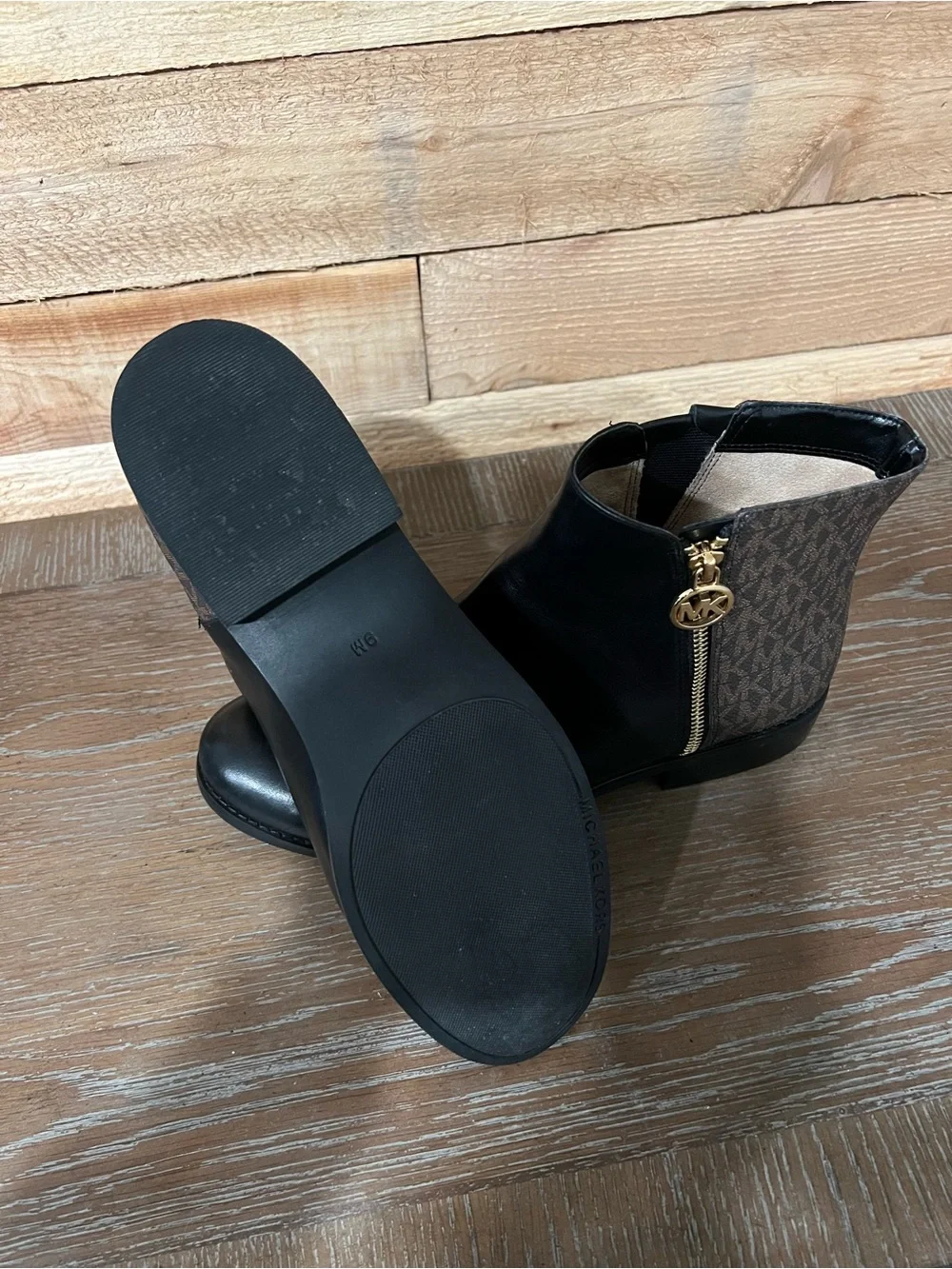 Michael Kors Lainey Black Leather & Brown Logo Zip Ankle Booties